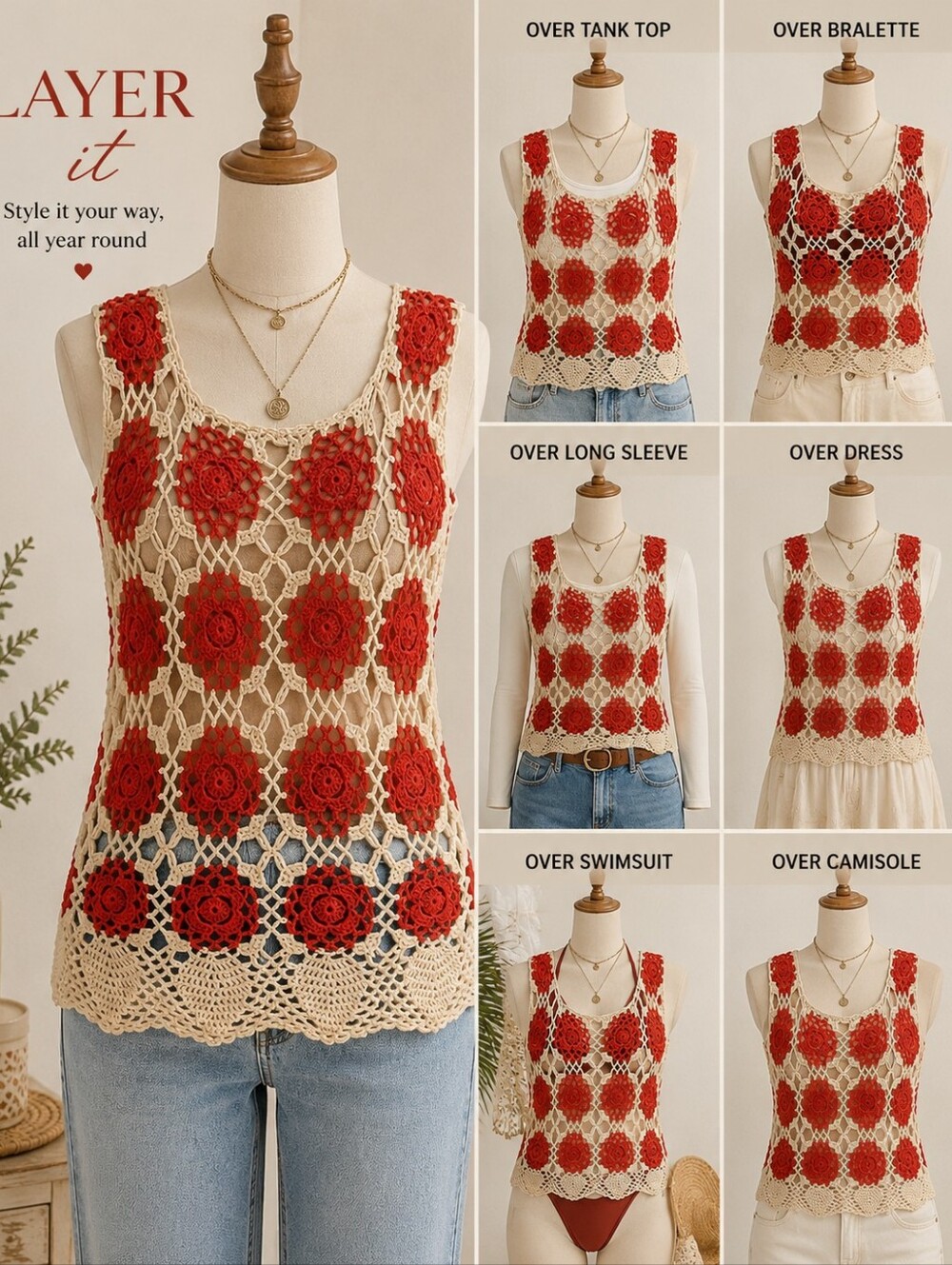 Boho Crochet Floral Tank Top Cream Red Granny Square Festival Top M/L